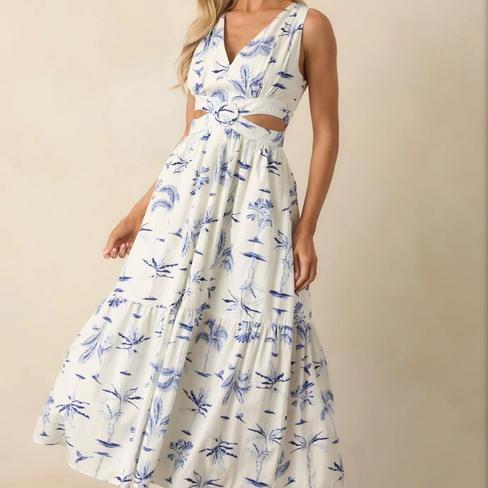Callie Blue Palm Tree Print Cut-Out Maxi Dress